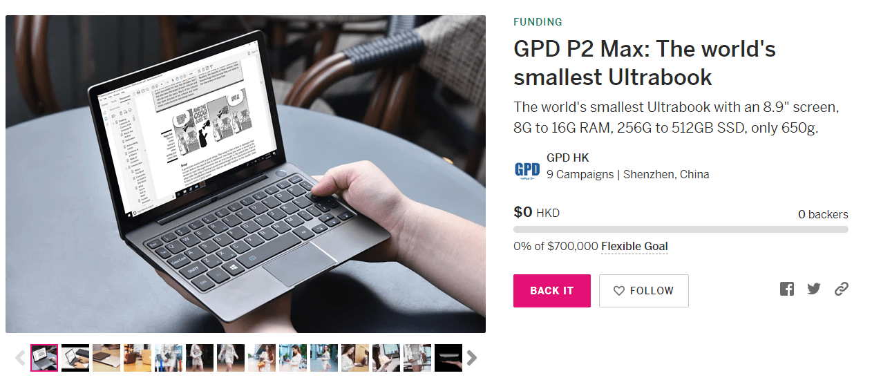 GPD Pocketで有名なGPDが世界最小のUltrabook、GPD P2 MaxのIndiegogo Previewページを公開